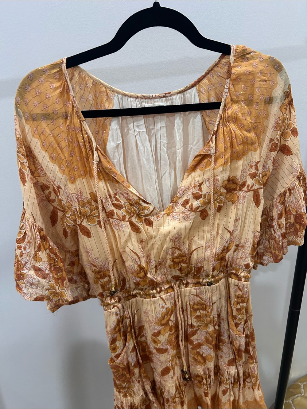 Spell & The Gypsy Ophelia Mini Dress Mustard Floral Metallic Stripe Size M - Picture 2 of 10